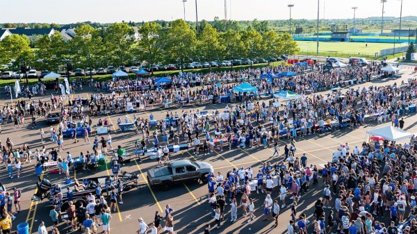 A drone photo of campus life night.