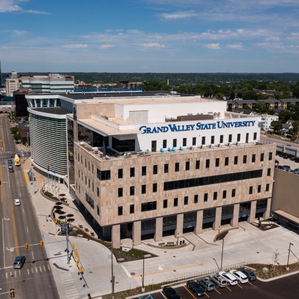 A drone shot of the Grand Valley Health Campus along Medical Mile.