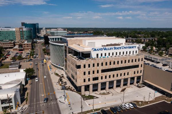 A drone shot of the Grand Valley Health Campus along Medical Mile.