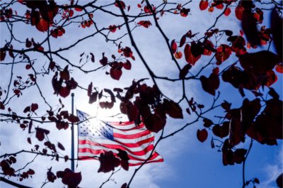 Each day, the American flag flies outside of the Nancy & Arend Lubbers Student Services Center, alongside the flags of GVSU and Michigan. The flag is seen backlit by the sun on the warm spring morning of May 20.