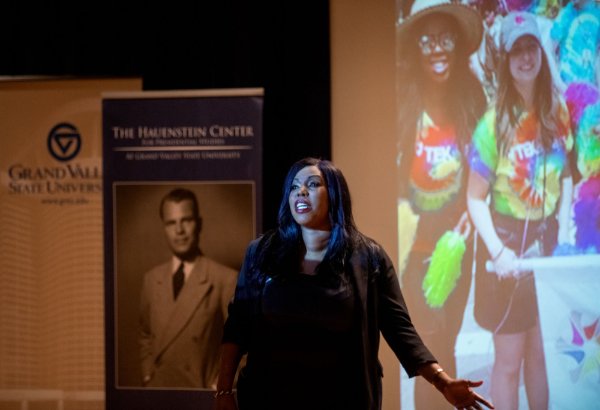 Graduate speaks to audience during Wheelhouse Talks session for the Peter C. Cook Leadership Academy.