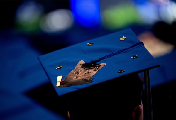 A photo of a cat adorns the mortar board of a graduate during Saturday morning&#8217;s Commencement ceremony.