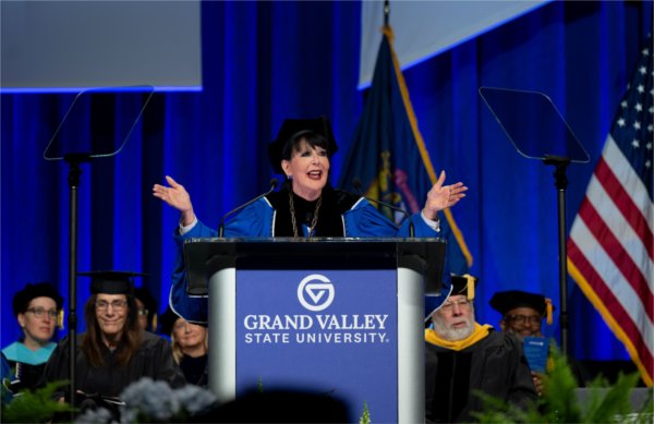 President Philomena V. Mantella addresses the graduates and their friends and family during the Saturday afternoon Commencement ceremony at Van Andel Arena May 2.