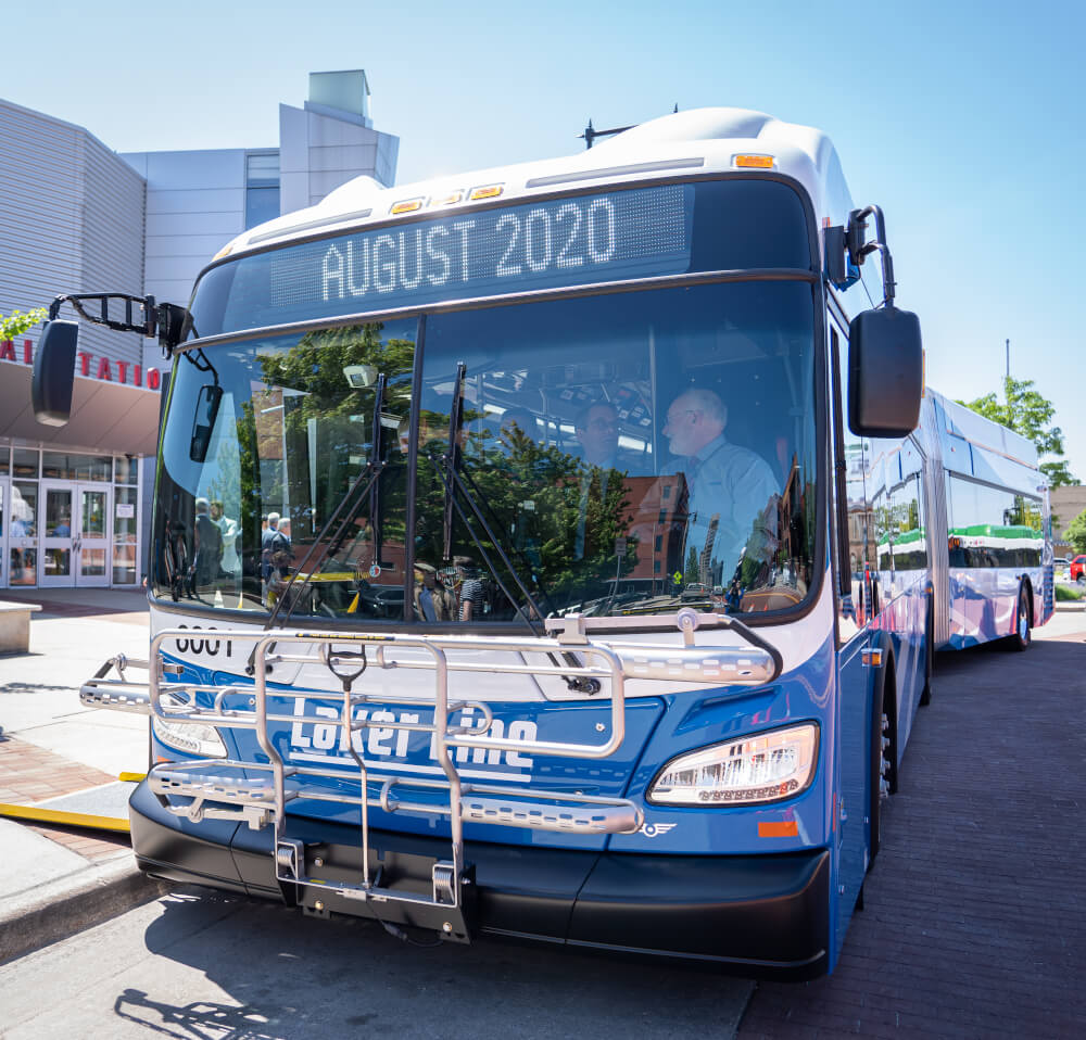 Local officials got a first look at one of the new articulated buses that will be part of the Laker Line when it begins running in August 2020.