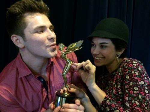 Arthur Bowman III and Mayna Duarte celebrate their gold Pixie Award, which honors outstanding work in motion graphics, visual effects and animation.