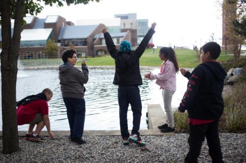 Students from Shawmut Hills School geocaching on the Allendale Campus during the Engaged Department Initiative-sponsored GIS Day in 2015. Photo by Lauren Johnson.