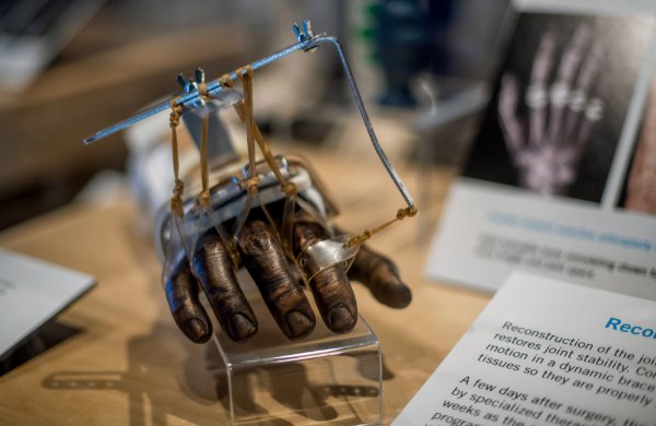 hand brace in a museum exhibit case