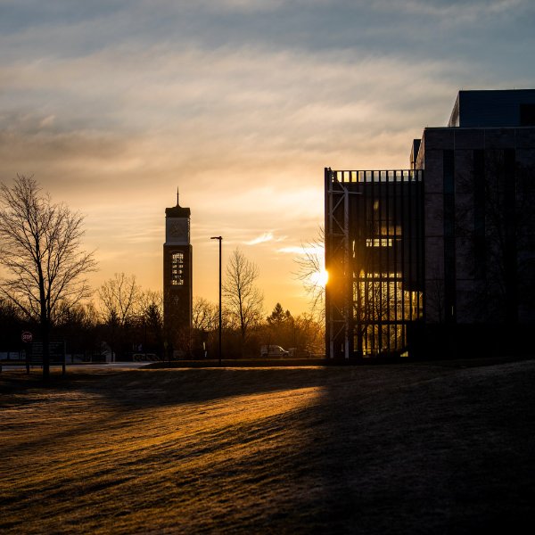 Sun rising partly behind a building, light streams across the grass and glows through the glass of the building on the right. A carillon tower is silhouetted to the left of the frame as well.
