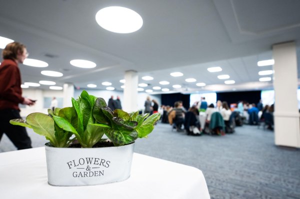 Greenery grows in a pot that reads &quot;flowers &amp;amp; garden&quot; while a group of people sit at tables in the background.