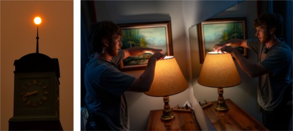  left, a smoky sun is seen above a carillon tower as smoke creates a hazy sunrise. At right, a college student is reflected in a mirror as they change a lightbulb in a lamp. 