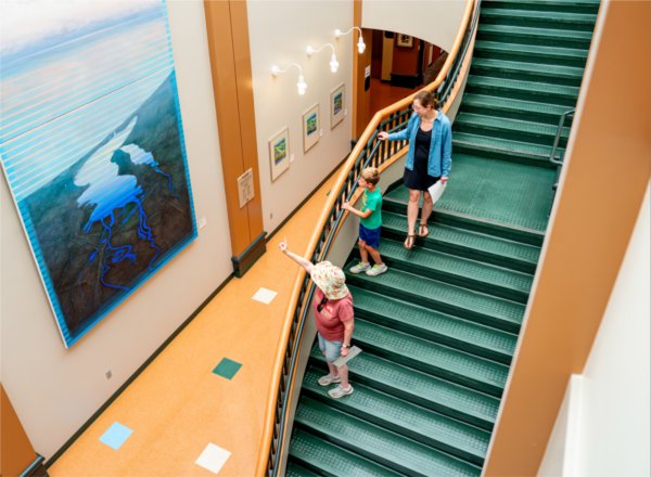 People walk down a set of blue green stairs as they point at artwork on a wall. 