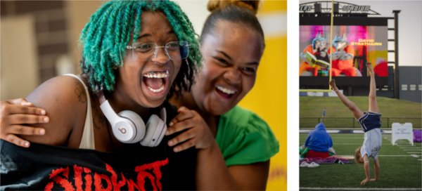  Left, two high school students laugh as they embrace each other in an icebreaker activity. Right, a young girl does a handstand on a football field while a movie plays in the background. 