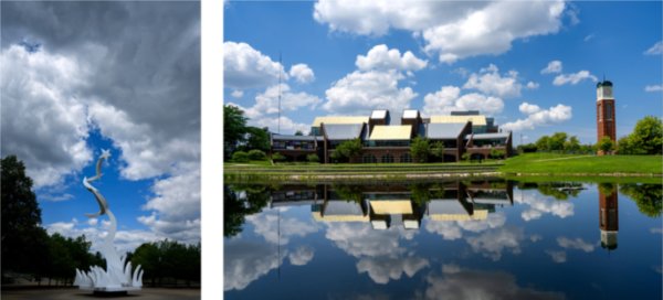 Left, a white sculpture is framed by puffy white clouds. Right, University buildings and carillon tower as well as clouds are reflected in a pond. 