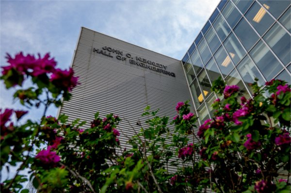 Flowers surround the Kennedy Hall of Engineering on the City Campus June 4.