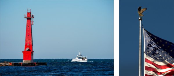 Left: The W.G. Jackson travels in the Muskegon Channel, near the South Breakwater Light Beacon Station, on June 12.  |  Right: A hawk lands on the American flag pole on the Valley Campus June 12.