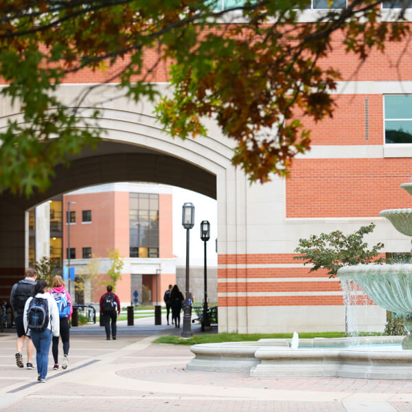 A photograph of a large fountain near the student services building on Grand Valley's Allendale Campus.