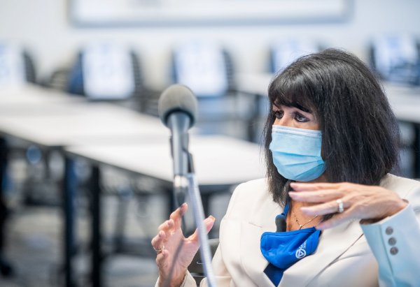 President Philomena V. Mantella is interviewed by WJR's Guy Gordon.