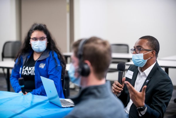 Students being interviewed.