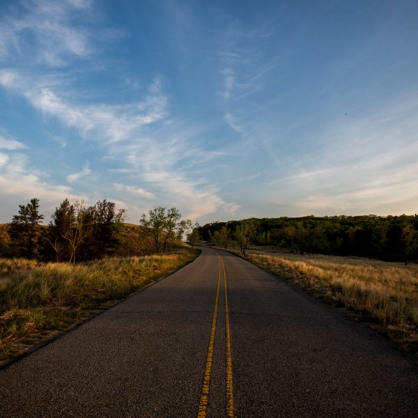 A road goes through grassy area and with trees in the background.