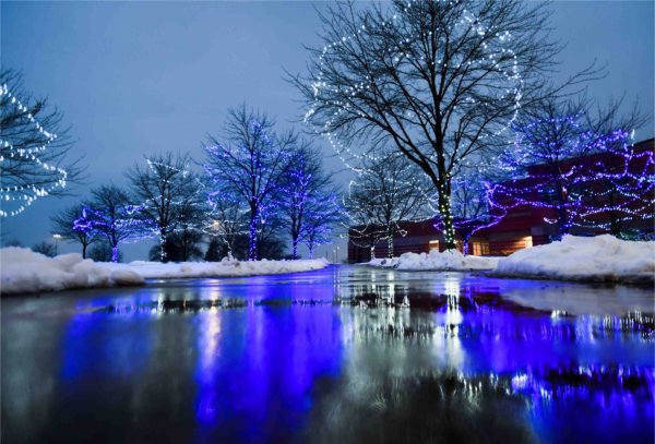 Blue lights are reflected into a rainy-covered sidewalk of a college campus. 