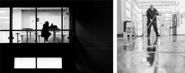 A student can be seen through a window of an academic building looking at their cellphone, left, and a person mopping the floor is reflected in the wet floor of an academic building.  