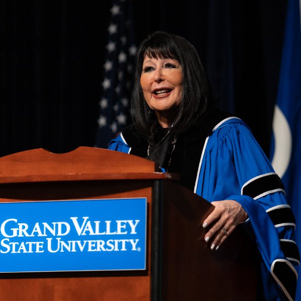 GVSU President Philomena V. Mantella speaks during the virtual graduate celebration on December 11