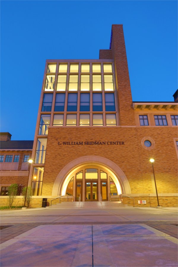 Exterior photo of main entrance at Seidman College of Business