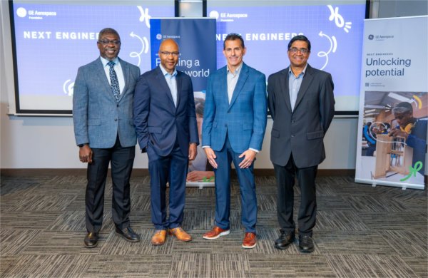 From left, Bayo Ogundipe, dean of the Padnos College of Engineering; Germaine Hunter, GE Aerospace Foundation board member; Darin DiTommaso, vice president of GE Aerospace Defense and Systems Engineering; and Dev Rajakrishna, executive leader of the GE Aerospace Grand Rapids site, are pictured during a news conference Sept. 10 