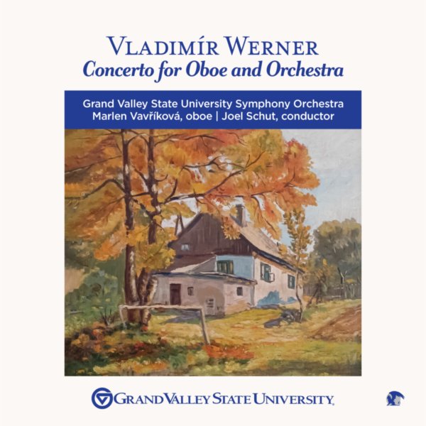 cover art of digital recording of Vladimir Werner&rsquo;s "Concerto for Oboe and Orchestra" with fall scene of house and trees in fall colors
