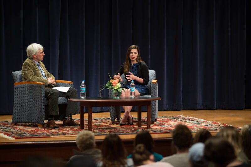 Marisa Kwiatkowski, '05, pictured speaking at Grand Valley in March about her investigation into the Larry Nassar sex abuse scandal, will be one of this year's CLAS Alumni-in-Residence.