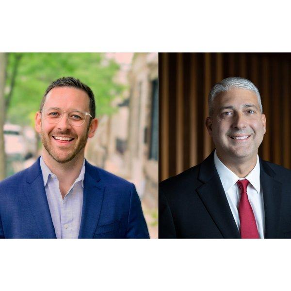 Two people smile in separates portraits.