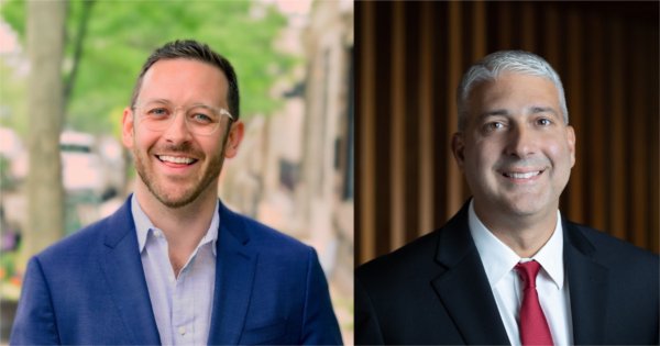 Two people smile in separate portraits.