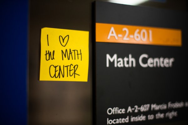 A note outside the Math Center says "I love the Math Center"