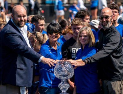 President Philomena V. Mantella and Director of Athletics Keri Becker accept the National Association of Collegiate Directors of Athletics Learfield Directors' Cup during halftime as GVSU hosts Lincoln University in football on August 30.