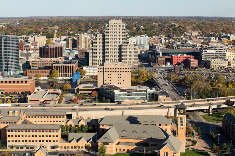 An aerial photo of downtown Grand Rapids