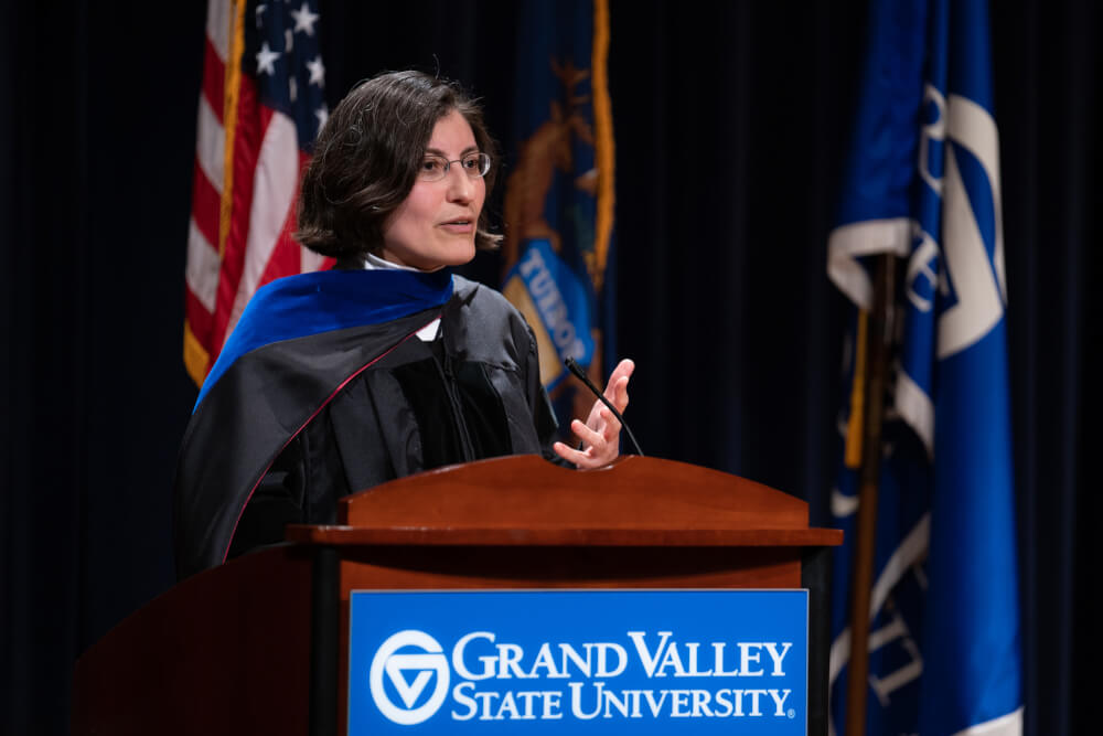 Feryal Alayont, professor of mathematics, at the podium