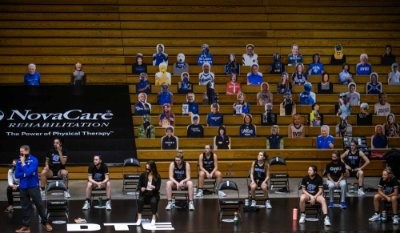 cardboard cutouts of fans in empty bleachers