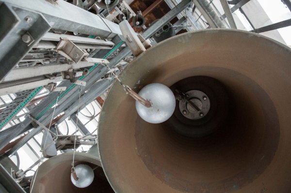 The underside of bells in the carillon tower.