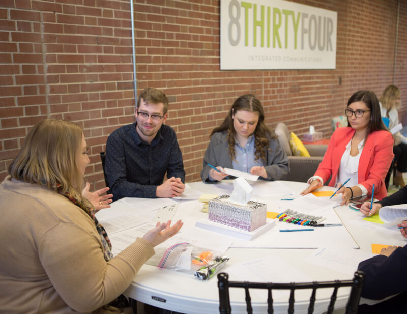 GrandPR staff members (from left to right) Evan Clark, Lauren Talby and Christina Oberly working with their client from Grand Rapids Public Library.