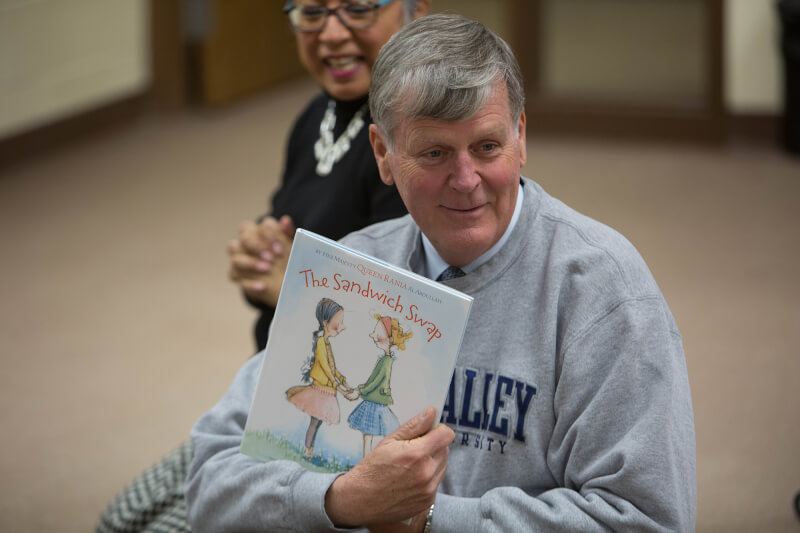 President Haas read The Sandwich Swap to preschool students at Explore and Learn Academy in Grand Rapids.
