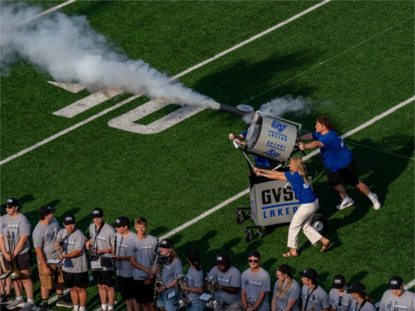 Shirts are fired into the crowd inside Lubbers Stadium as part of the Laker Kickoff on August 22.