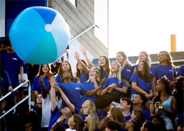 Students pass a large beach ball as they wait to be dismissed for the class photo in Lubbers Stadium during Laker Kickoff August 22. 