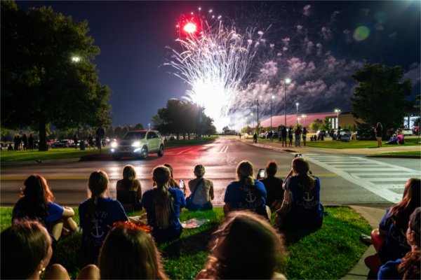 Students watch fireworks as part of the Laker Kickoff on the Kirkhof Lawn on August 22.