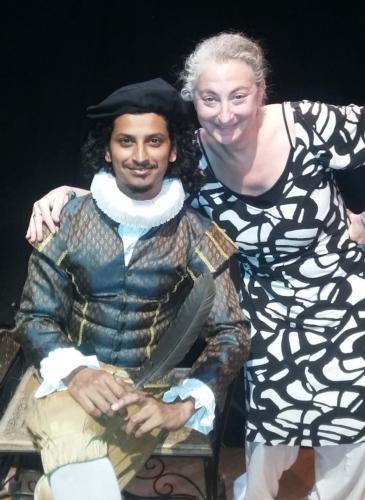 Libman pictured with a student portraying William Shakespeare at the University of Hyderabad.