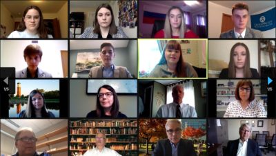 A screenshot of GVSU student senators and staff members during the state of the student body address on March 25