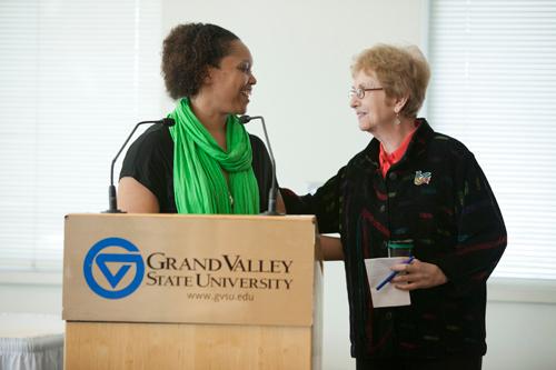 From 2012: Chaunte Rodgers, left, congratulates Cynthia Mader on receiving the Lifetime Achievement Award during the Celebrating Women Awards Ceremony. Nominations for this year�s award recipients are due by February 22.