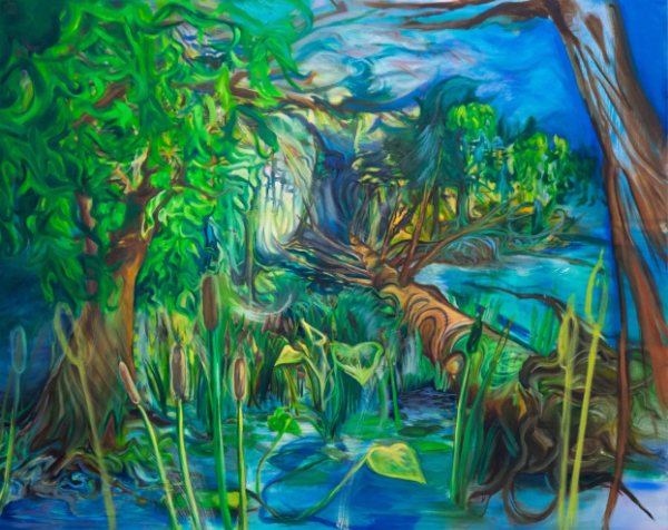 A colorful painting showing cattails, a fallen tree and an upright tree