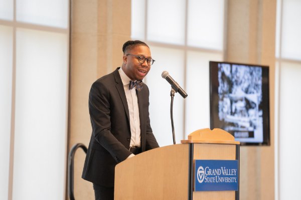 Bobby J. Smith II, assistant professor of African American Studies at the University of Illinois at Urbana-Champaign, addresses the audience at the L. William Seidman Center.