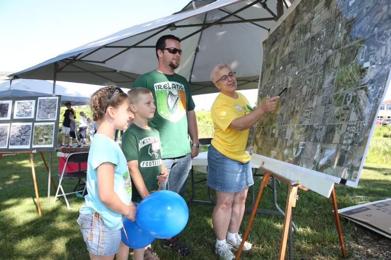 Participants interacting with historic aerial images of Allendale.