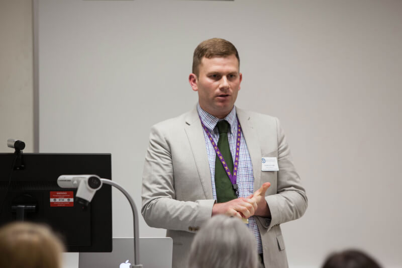 Charles Ham, assistant professor of classics, presenting on facilitating discussions about difficult topics in the classroom, such as sexuality, violence and race.